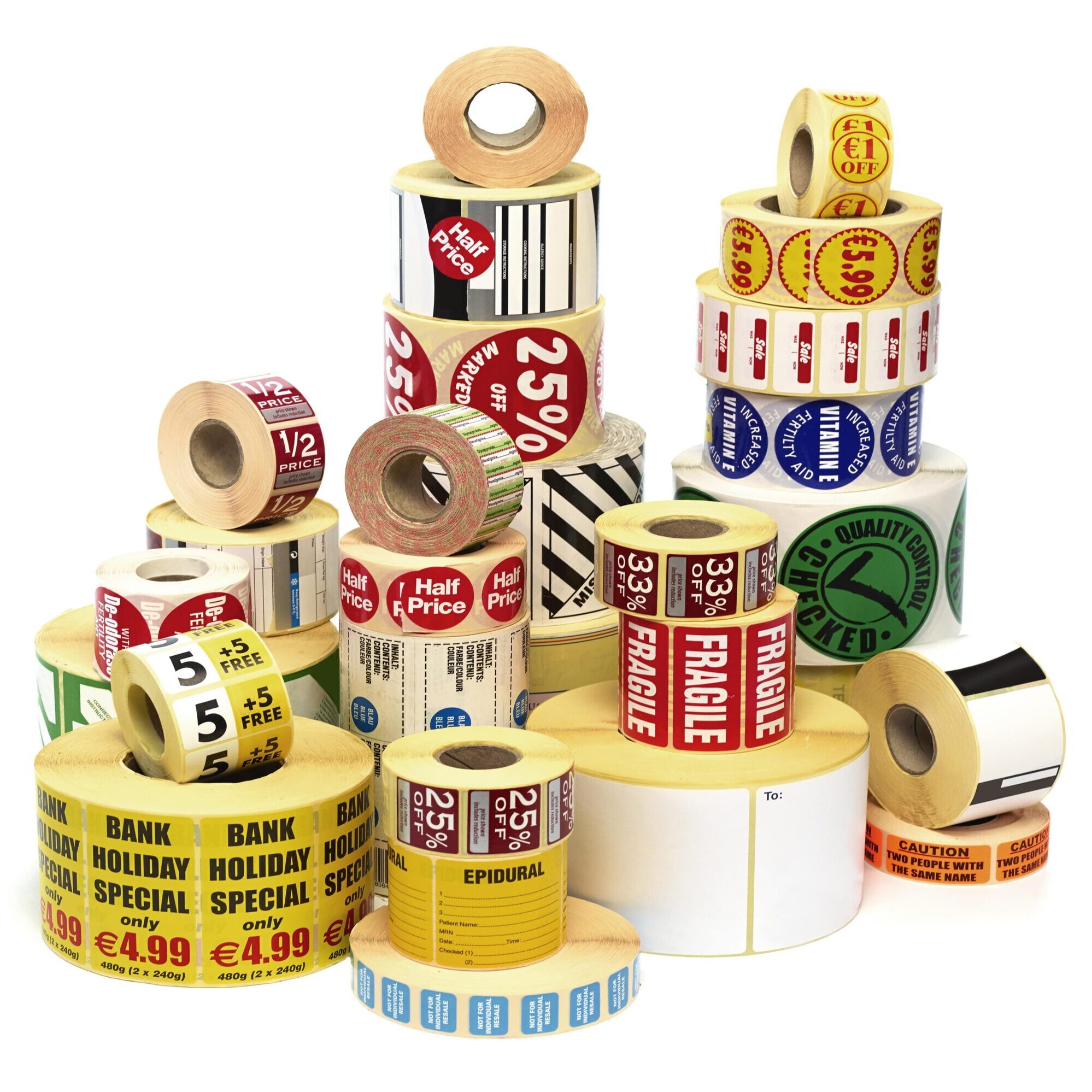 Variety of labels on a roll